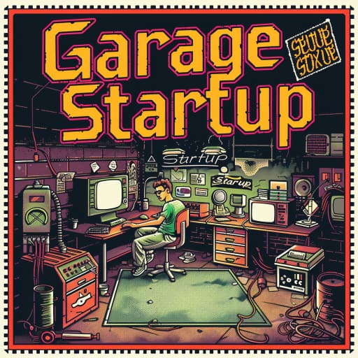 Vintage postage stamp depicting a garage startup with a person working on multiple computers in a cluttered garage